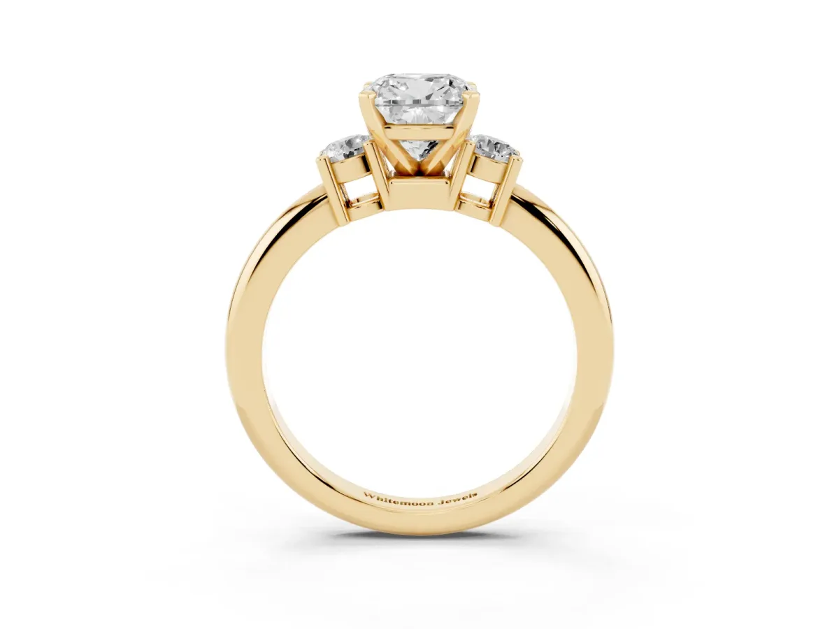 Three-Stone Cushion Cut Cut Diamond Solitaire with Prong Setting and Classic Band Yellow gold