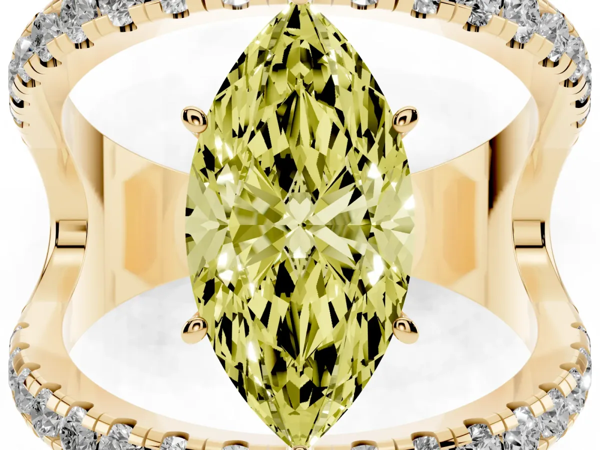 Fancy Yellow Marquise Cut Solitaire Split Shank Pave Diamond Ring Yellow gold