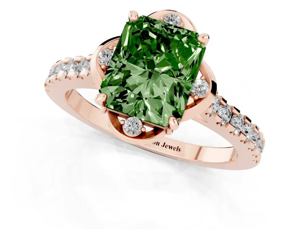 Fancy Green Radiant Cut Diamond Ring with Pavé Band and Floral Prong Setting Rose gold