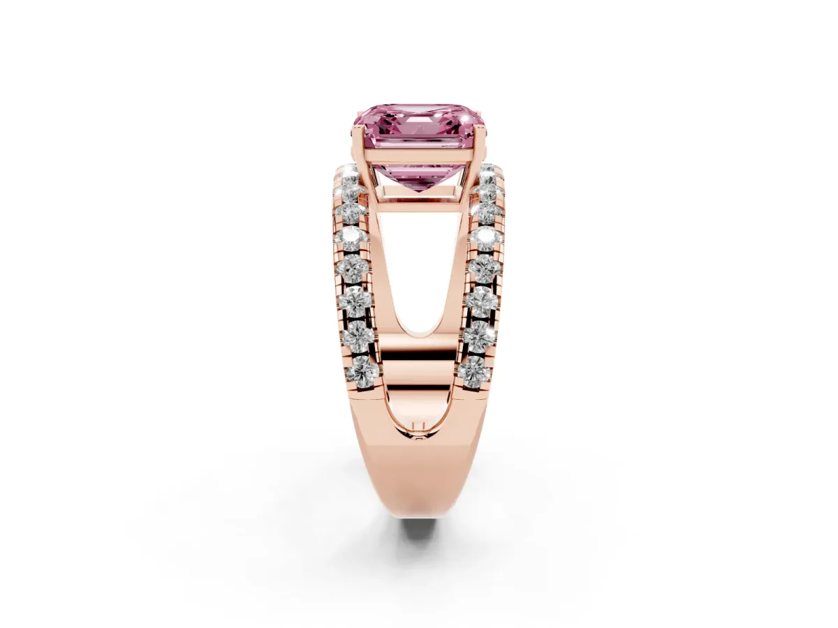 Fancy Pink Asscher Cut Solitaire Split Shank Pave Diamond Ring Rose gold