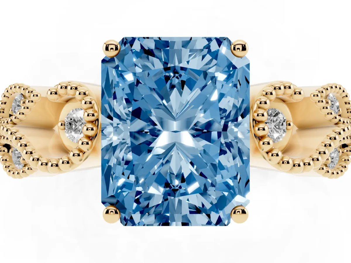 Fancy Blue Princess Cut Solitaire Milgrain Leaf Band with Prong Setting Yellow gold