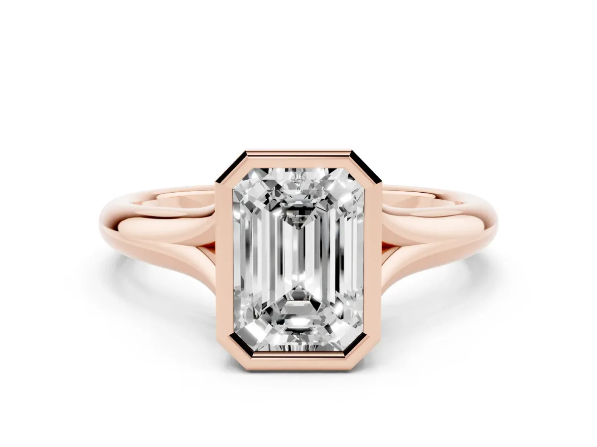 Bezel Set Emerald Cut Solitaire Diamond Ring with Smooth Band Rose gold