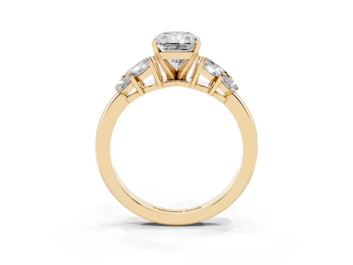 Radiant Cut Diamond Cluster Leaf Design Ring with Prong Setting Yellow gold