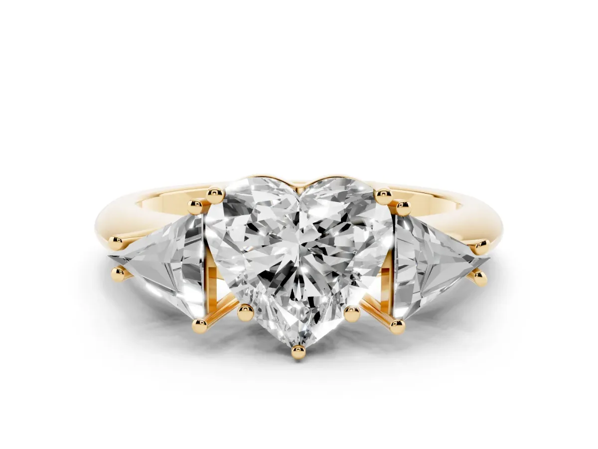 Three-Stone Heart Cut Diamond Engagement Ring with Trillion Side Stones and Prong Setting Yellow gold