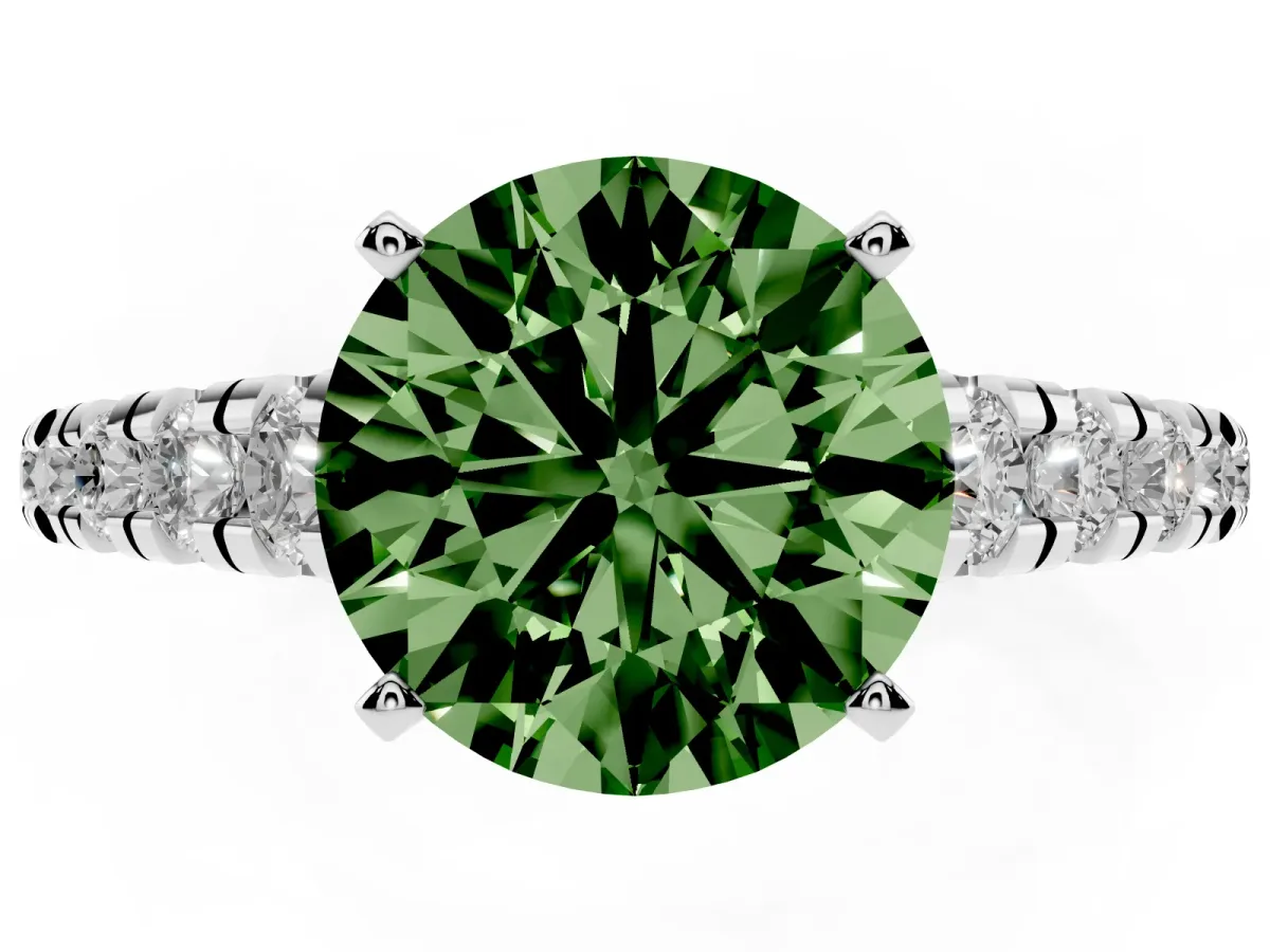 Fancy Green Round Cut Diamond Cathedral Solitaire Ring with Round Pavé Band Silver