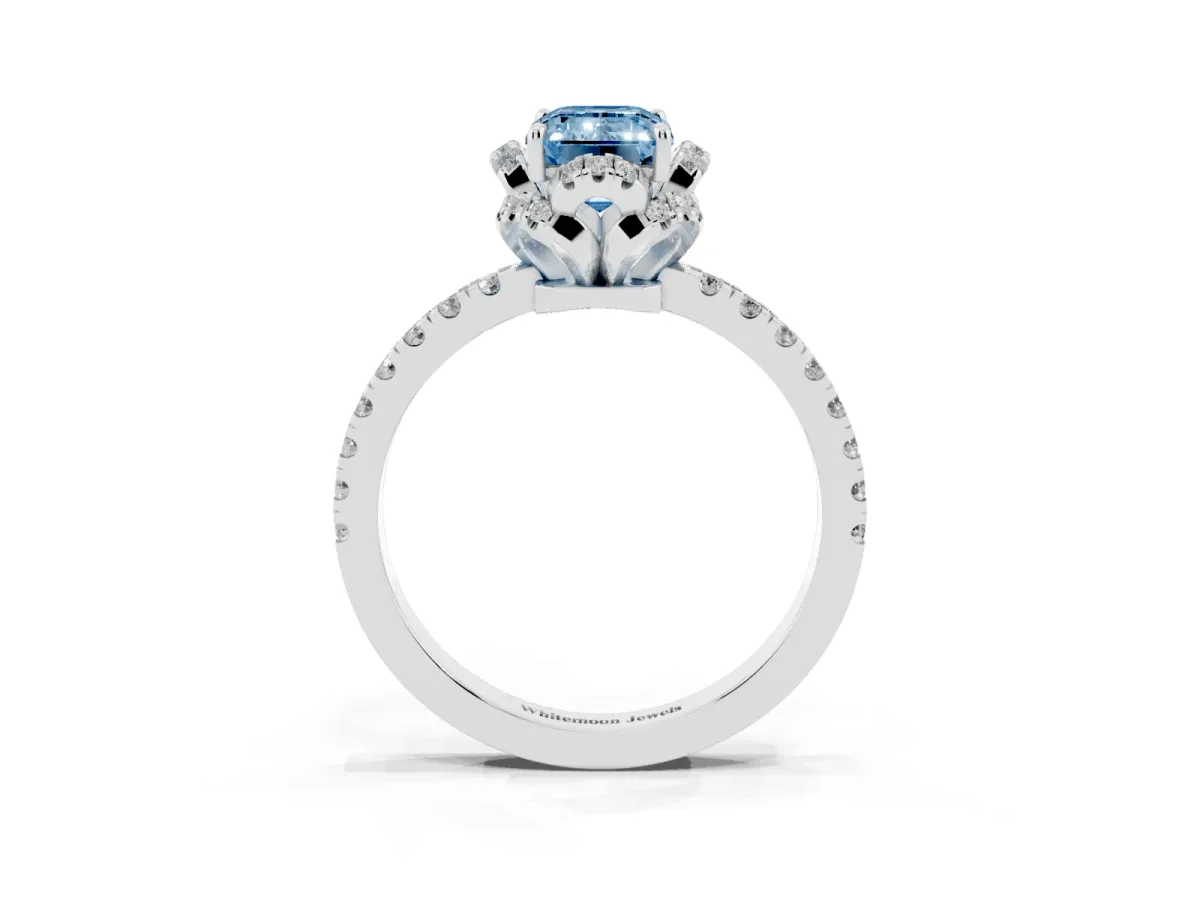 Fancy Blue Emerald Cut Diamond Halo Pave Band with Four-Prong Setting Platinum