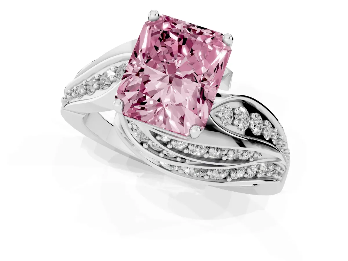 Fancy Pink Radiant Cut Diamond Solitaire Ring with Prong Setting and Twisted Pavé Band Platinum