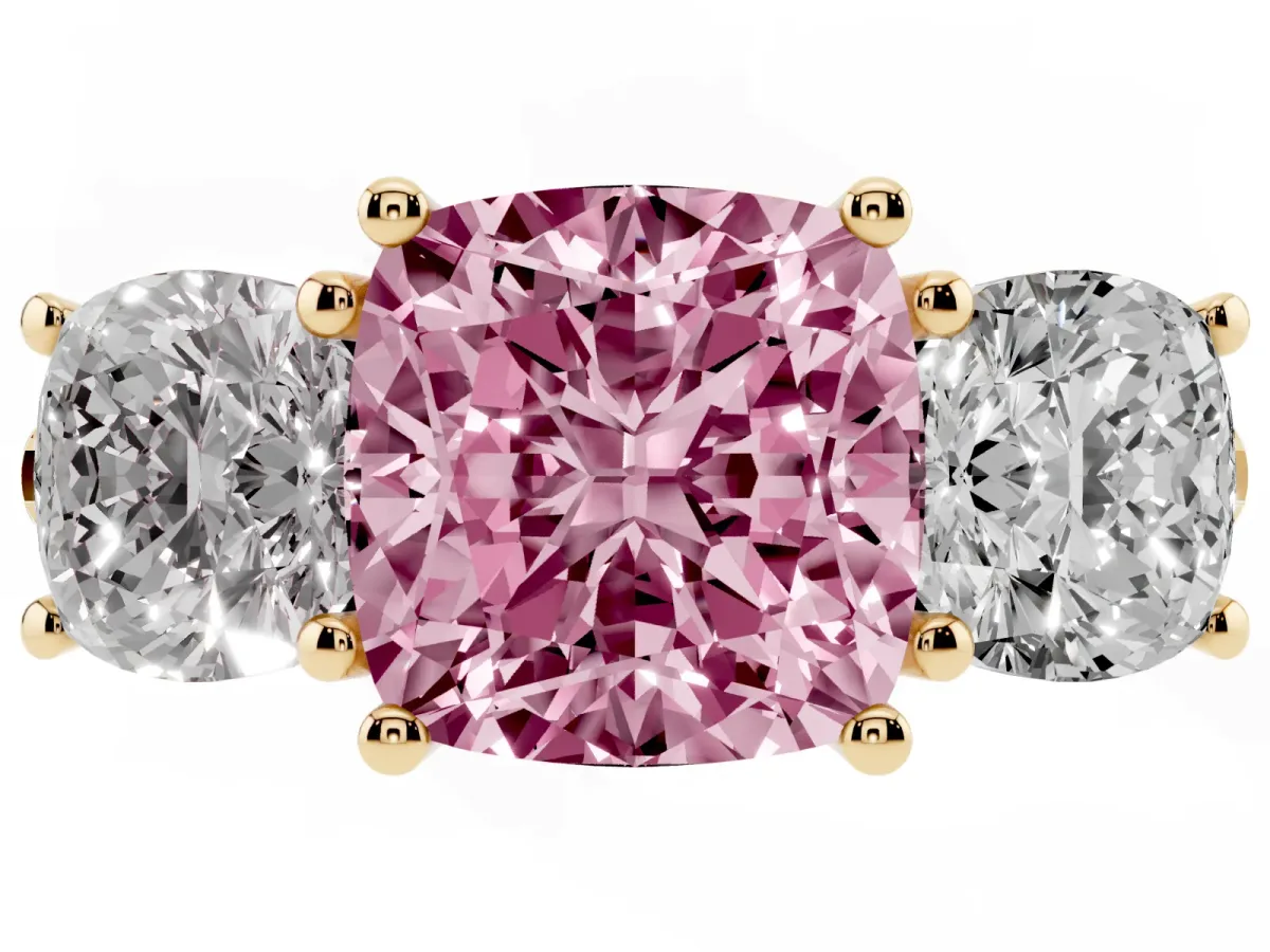 Fancy Pink Three-Stone Cushion Cut Diamond Ring with Round Pavé Band and Prong Setting Yellow gold