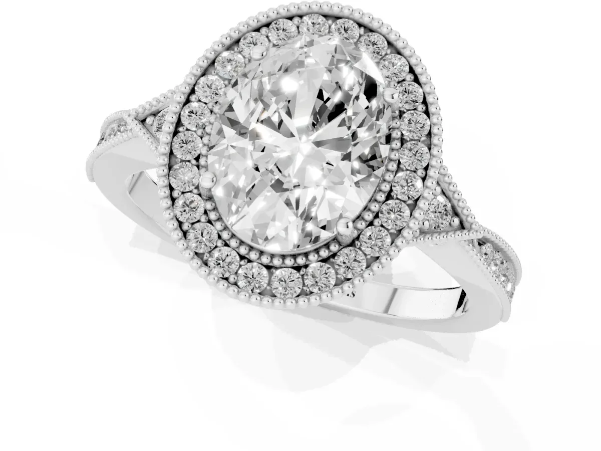 Oval Cut Halo Round Diamond Milgrain Pave Engagement Ring Silver
