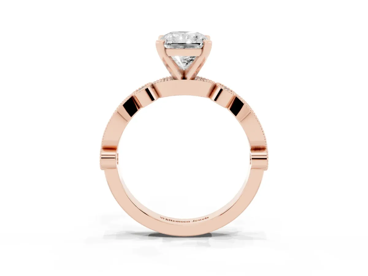 Radiant Cut Milgrain Bezel Diamond Engagement Ring with Solitaire Prong Setting Rose gold