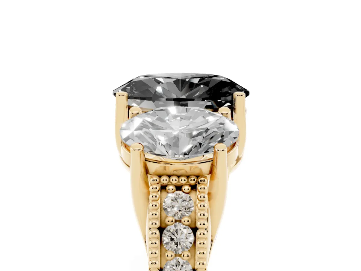 Fancy Black Three-Stone Oval Cut Cut Milgrain Pavé Engagement Ring Yellow gold