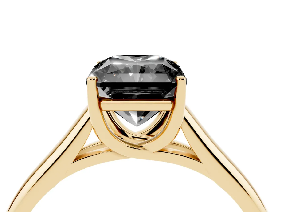 Fancy Black Radiant Cut Solitaire Engagement Ring with Tapered Band and Four-Prong Setting Yellow gold