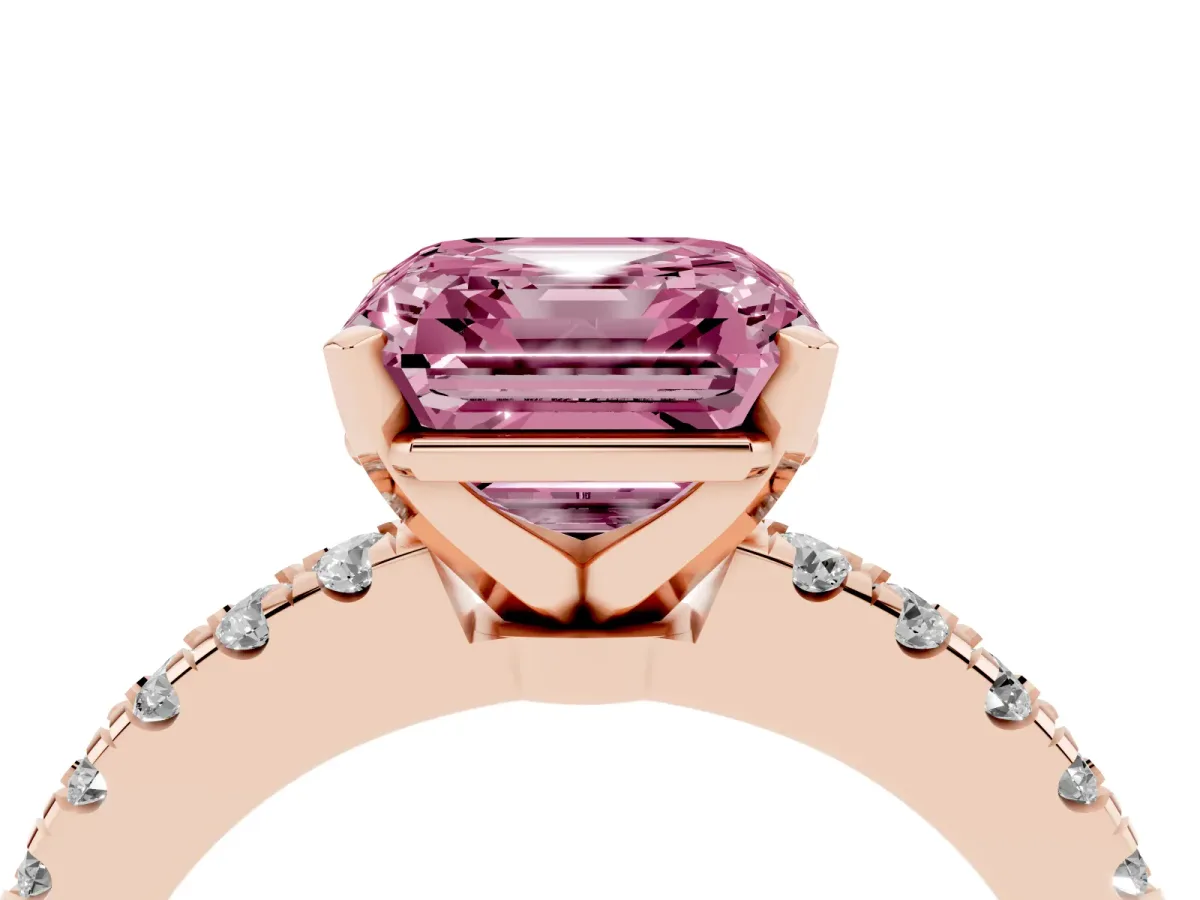 Fancy Pink Asscher Cut Solitaire Diamond with Pavé Band and Four-Prong Setting Rose gold