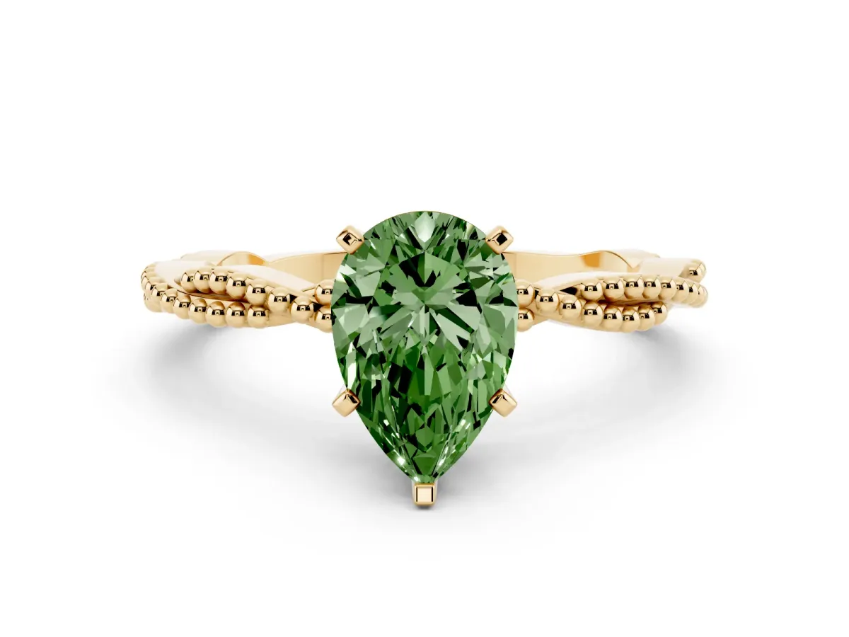 Fancy Green Pear Cut Solitaire Twisted Band with Bead Prong Setting Yellow gold