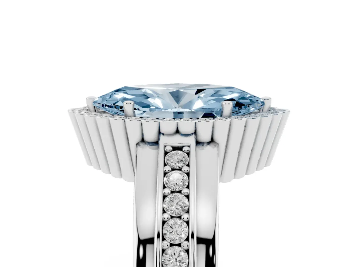 Fancy Blue Marquise Cut Cut Halo Pave Band Four-Prong Ring Silver