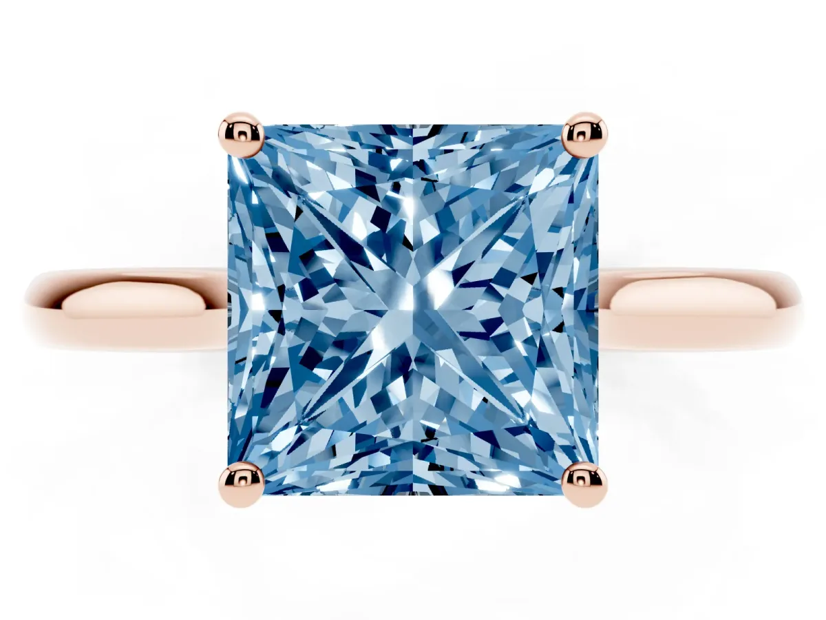 Fancy Blue Princess Cut Cut Solitaire Ring with Cathedral Band and Four-Prong Setting Rose gold