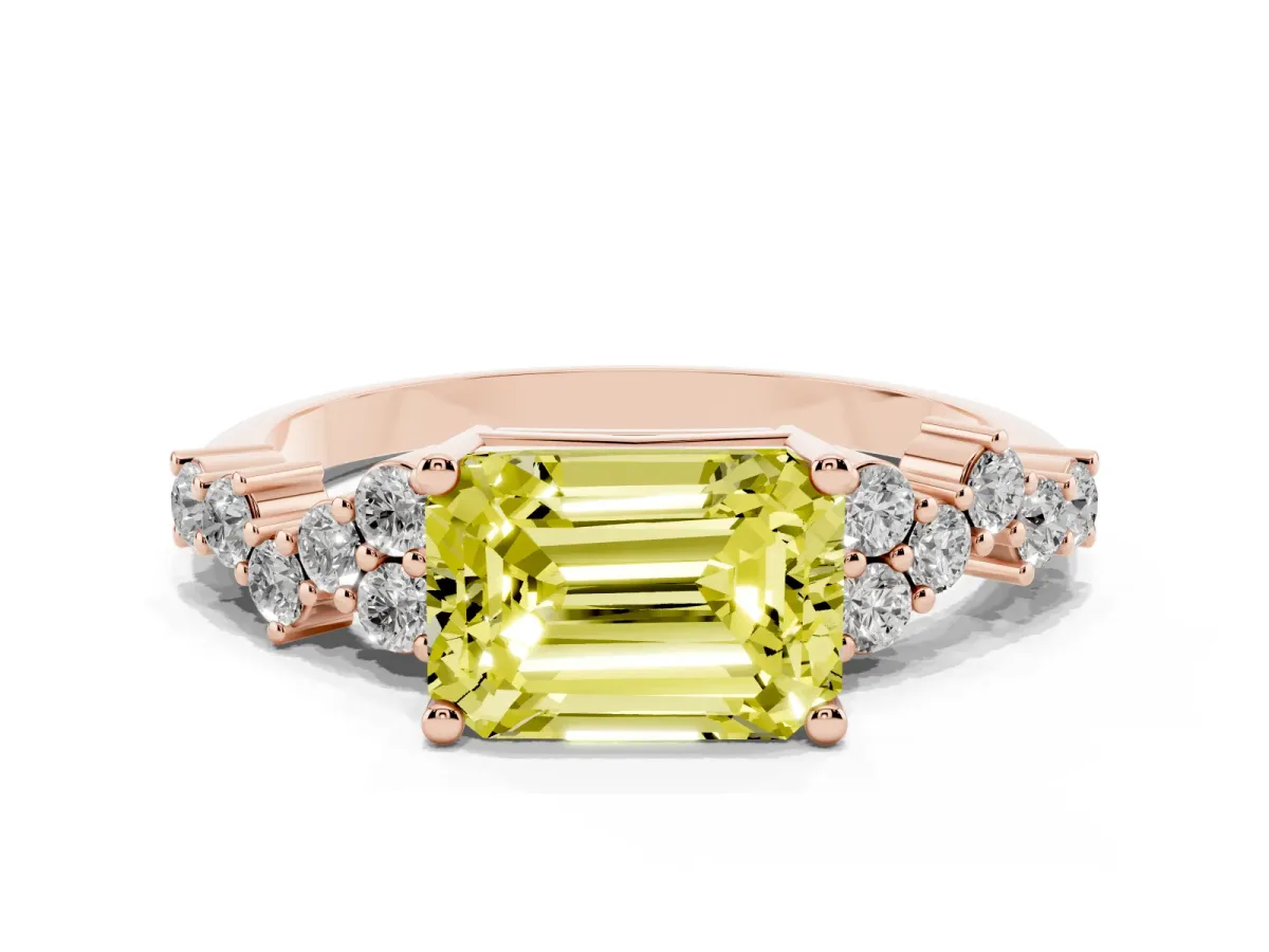 Fancy Yellow Emerald Cut Diamond Scattered Round Accent Ring with Prong Setting Rose gold