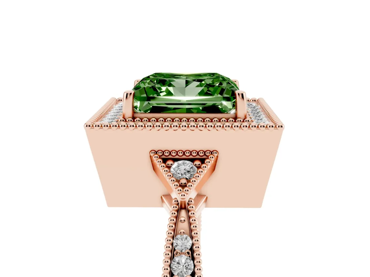 Fancy Green Princess Cut Halo Round Diamond Milgrain Pave Engagement Ring Rose gold