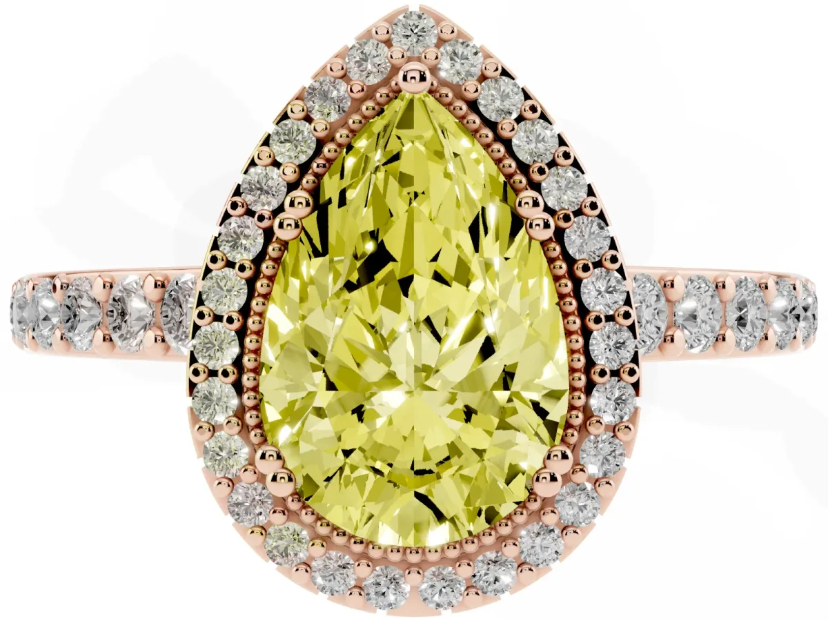 Fancy Yellow Pear Cut Cut Diamond Halo Engagement Ring with Milgrain Detail and Pavé Band Rose gold