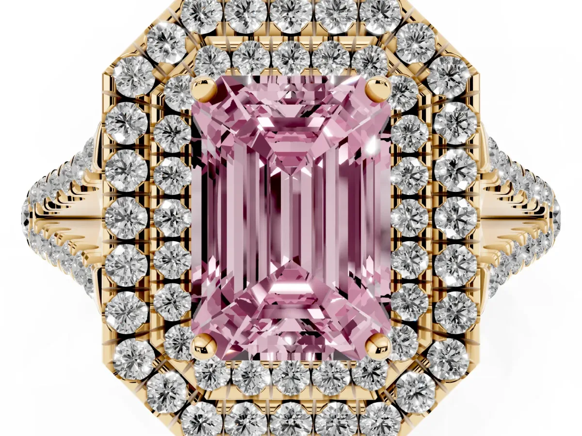 Fancy Pink Emerald Cut Diamond Double Halo Ring with Pavé Band and Prong Setting Yellow gold