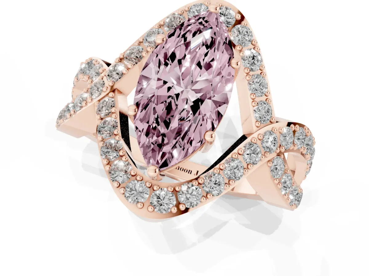 Fancy Pink Marquise Cut Solitaire Twist Band Pavé Diamond Engagement Ring Rose gold