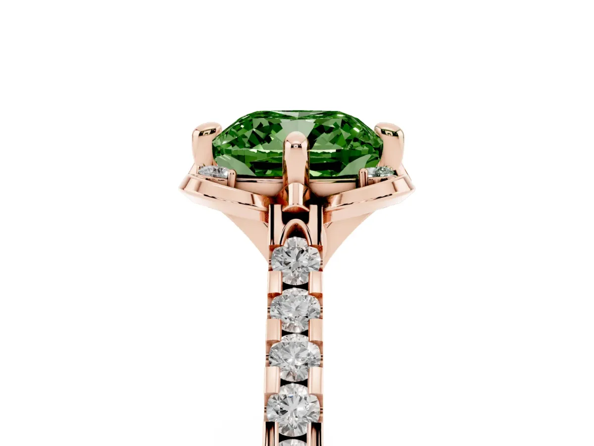 Fancy Green Cushion Cut Diamond Ring with Pavé Band and Floral Prong Setting Rose gold