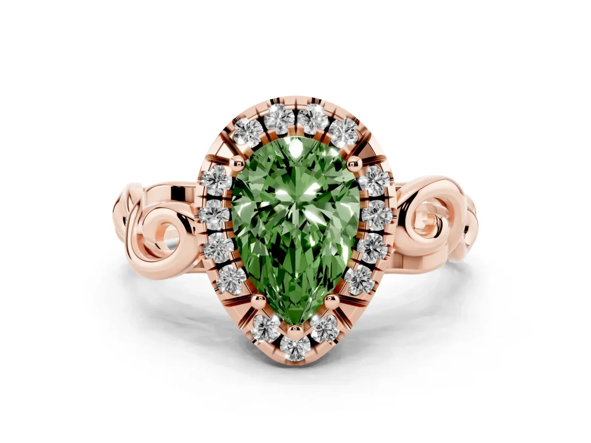 Fancy Green Pear Cut Cut Halo Diamond Ring with Scrollwork Band and Four-Prong Setting Rose gold