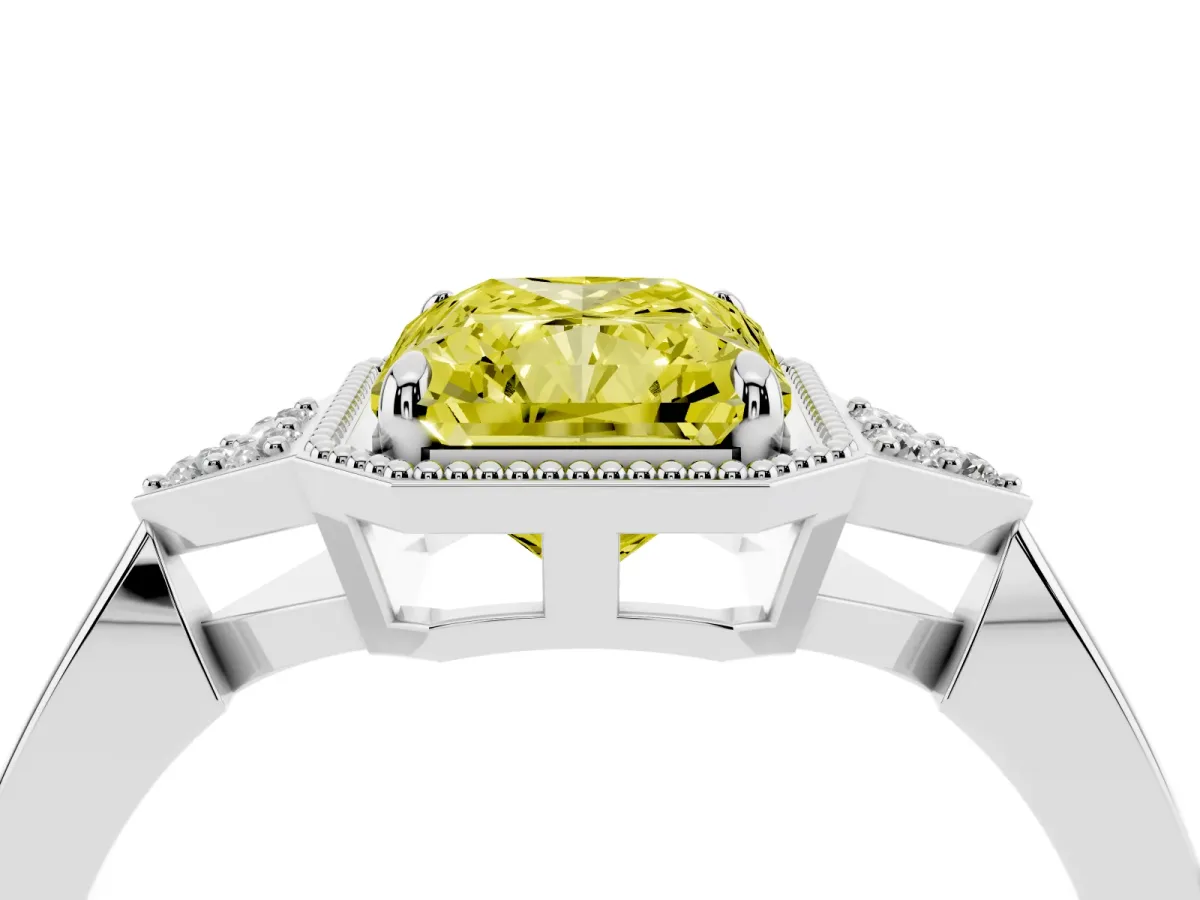 Fancy Yellow Radiant Cut Diamond Halo Ring with Tapered Band and Four-Prong Setting White gold