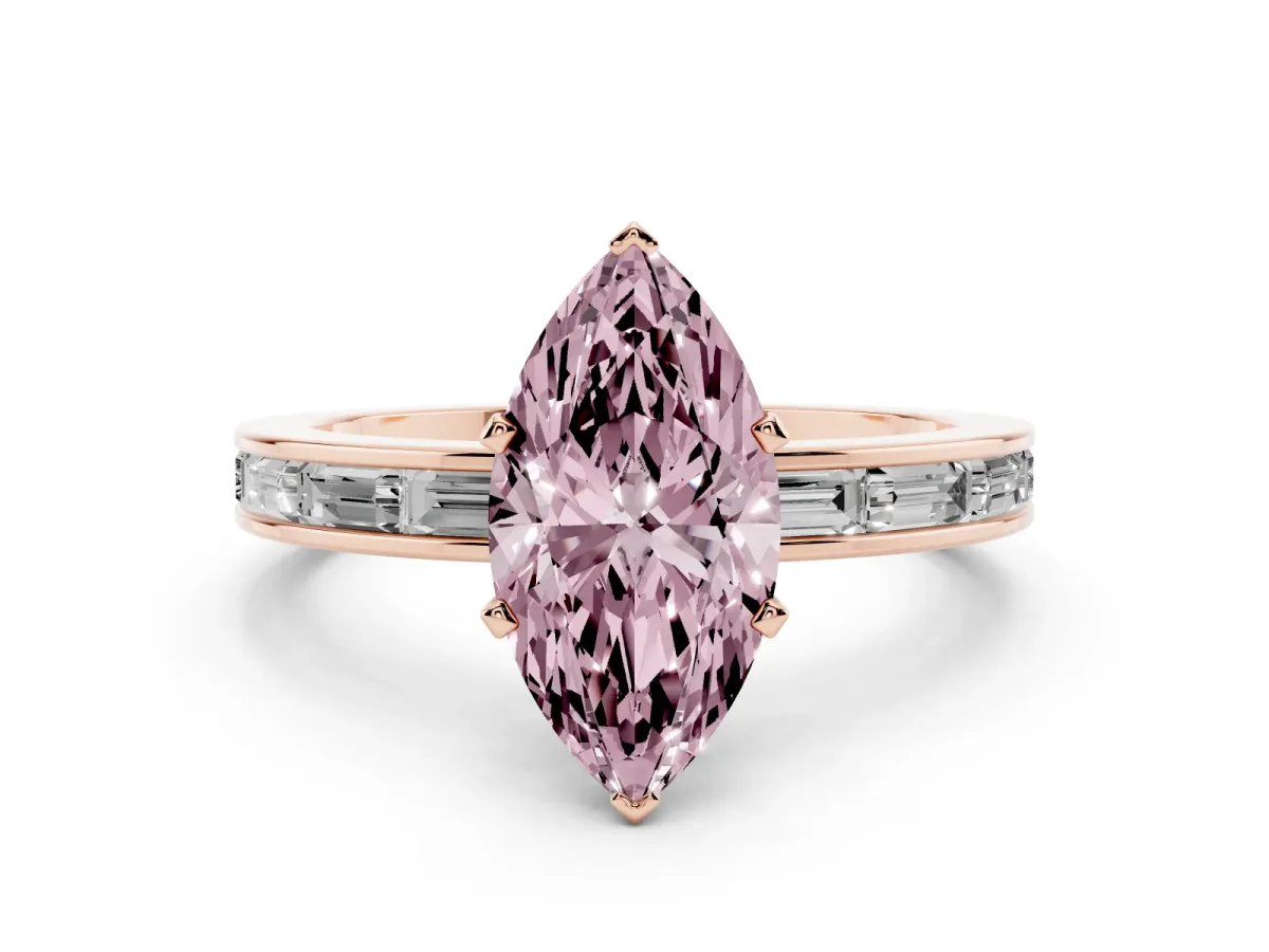 Fancy Pink Marquise Cut Solitaire Diamond Ring with Channel-Set Baguette Band and Four-Prong Setting Rose gold