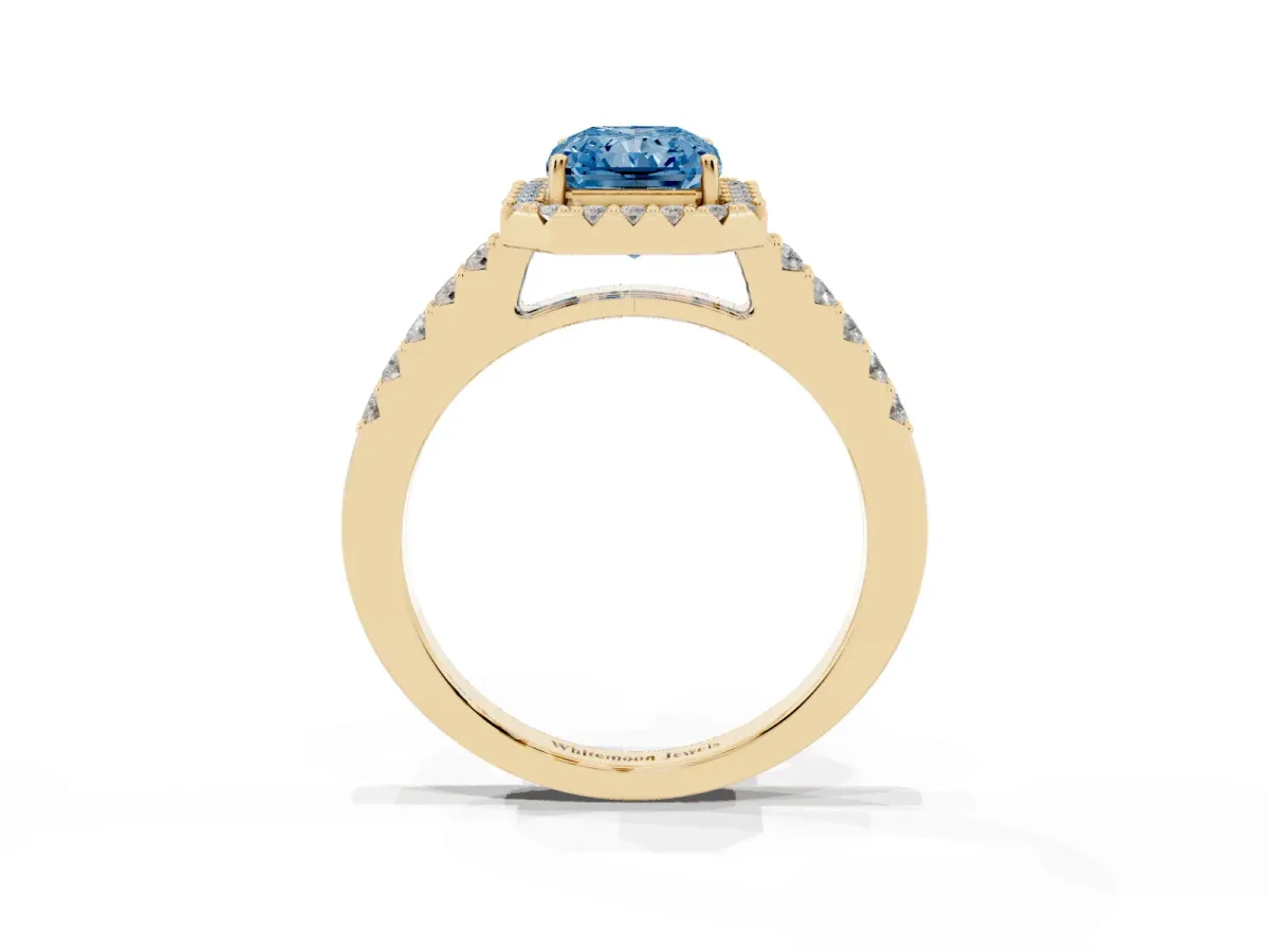 Fancy Blue Radiant Cut Halo Diamond Pavé Solitaire Ring Yellow gold