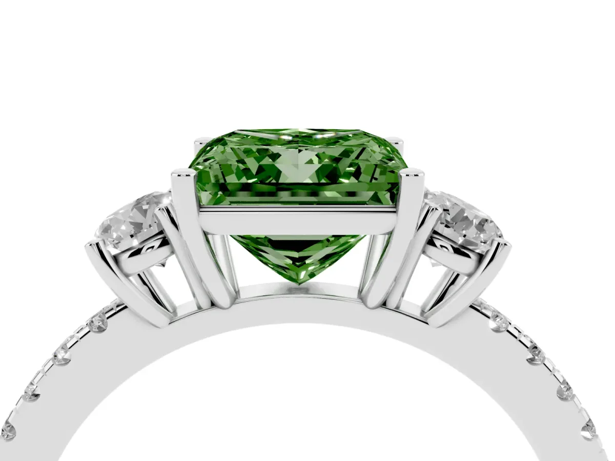 Fancy Green Three-Stone Princess Cut Cut Diamond Pavé Band with Prong Setting Silver
