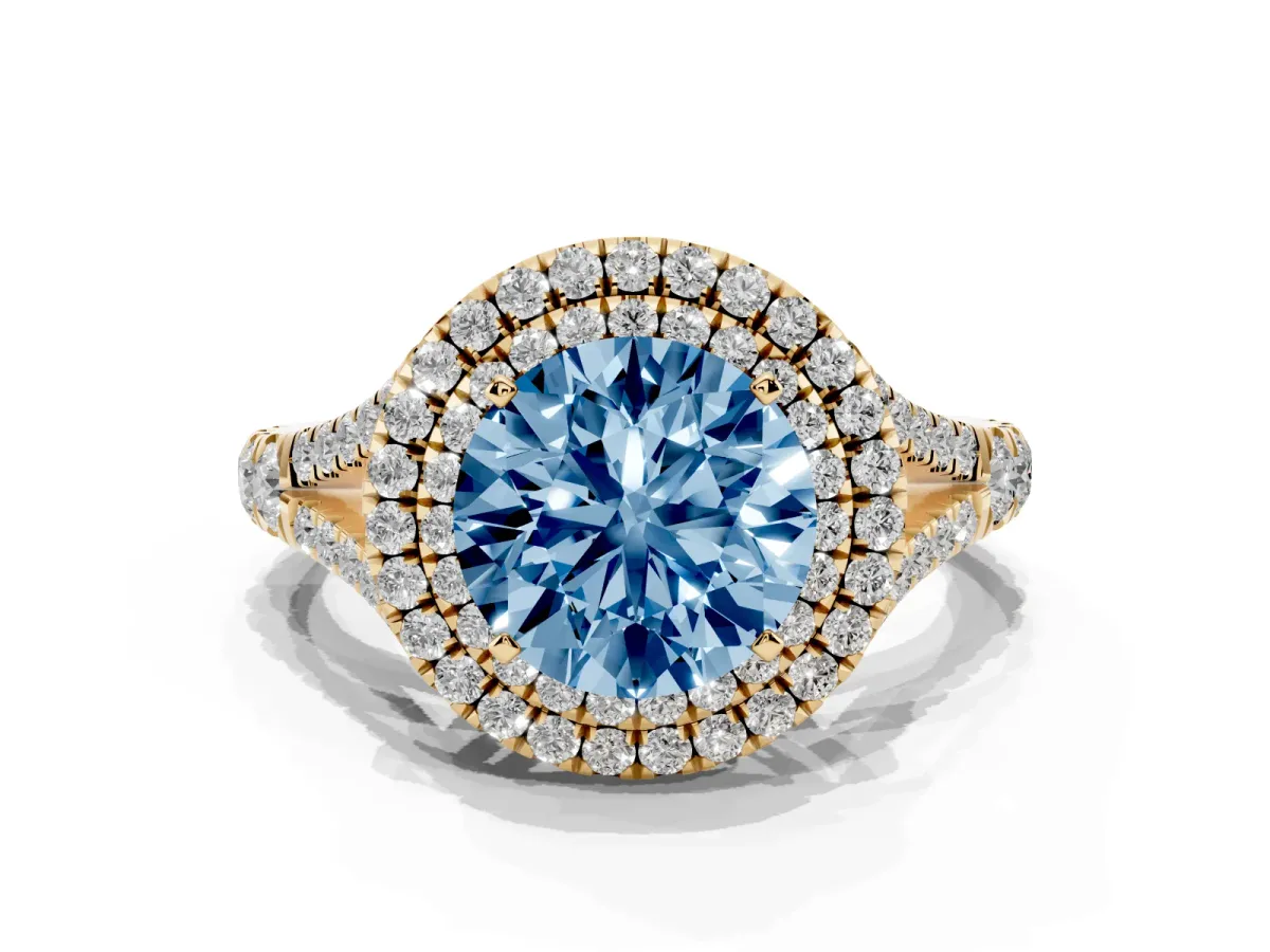 Fancy Blue Round Cut Diamond Double Halo Ring with Split Shank and Prong Setting Yellow gold