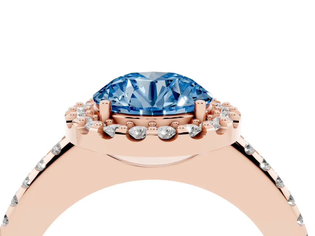 Fancy Blue Round Cut Diamond Pavé Halo Ring with Four-Prong Setting Rose gold