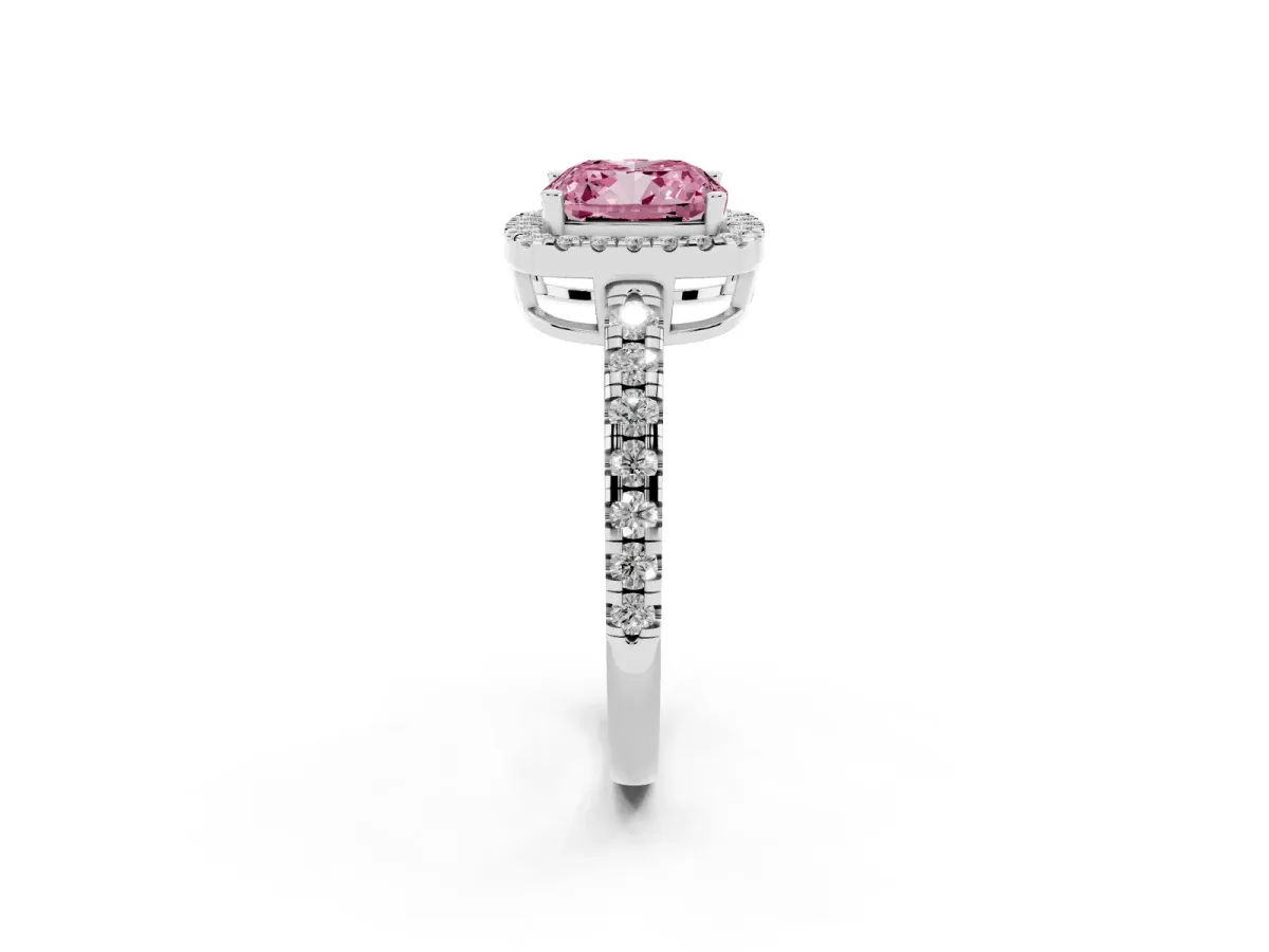 Fancy Pink Cushion Cut Diamond Halo Ring with Pavé Band and Four-Prong Setting Platinum