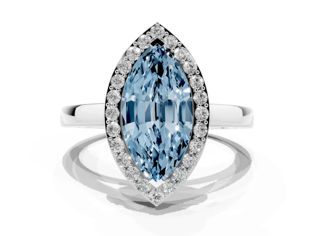 Fancy Blue Marquise Cut Halo Diamond Ring with Solitaire Band and Prong Setting Platinum