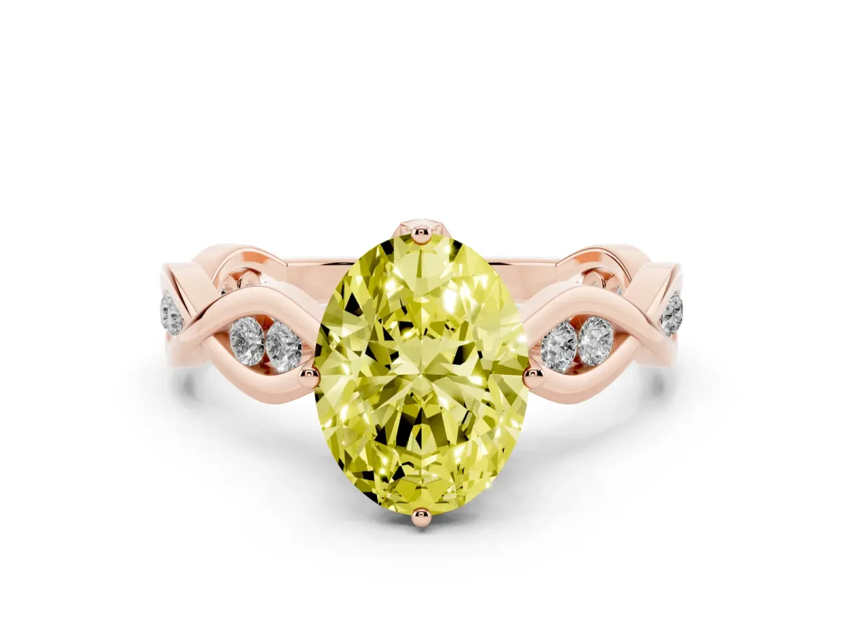 Fancy Yellow Oval Cut Solitaire Twist Band with Leaf Prong Setting Rose gold