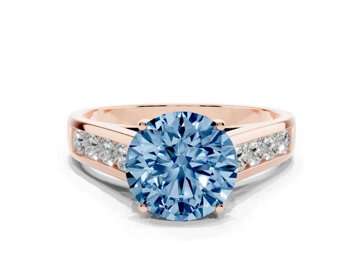 Fancy Blue Round Cut Solitaire Channel-Set Diamond Engagement Ring with Four-Prong Setting Rose gold