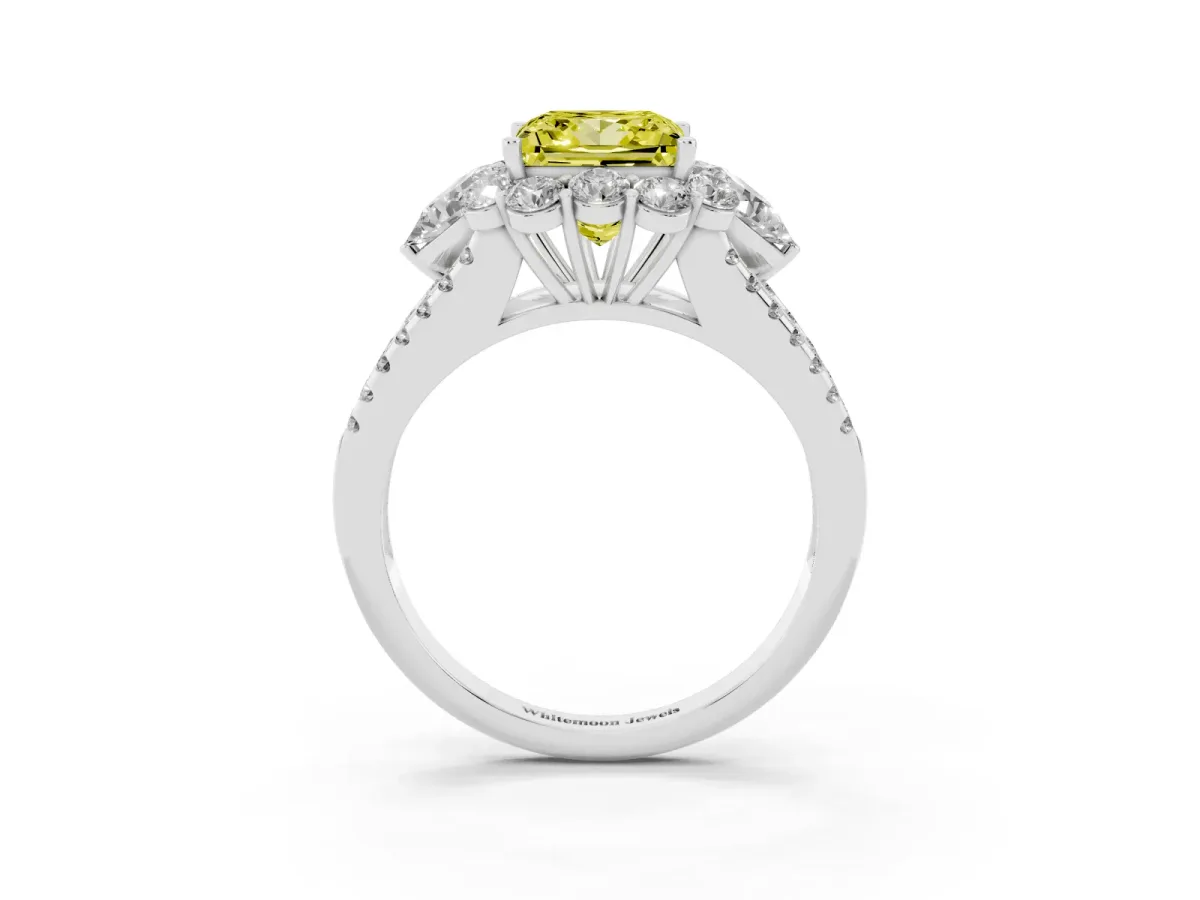 Fancy Yellow Princess Cut Halo Split Shank Diamond Engagement Ring with Prong Setting White gold
