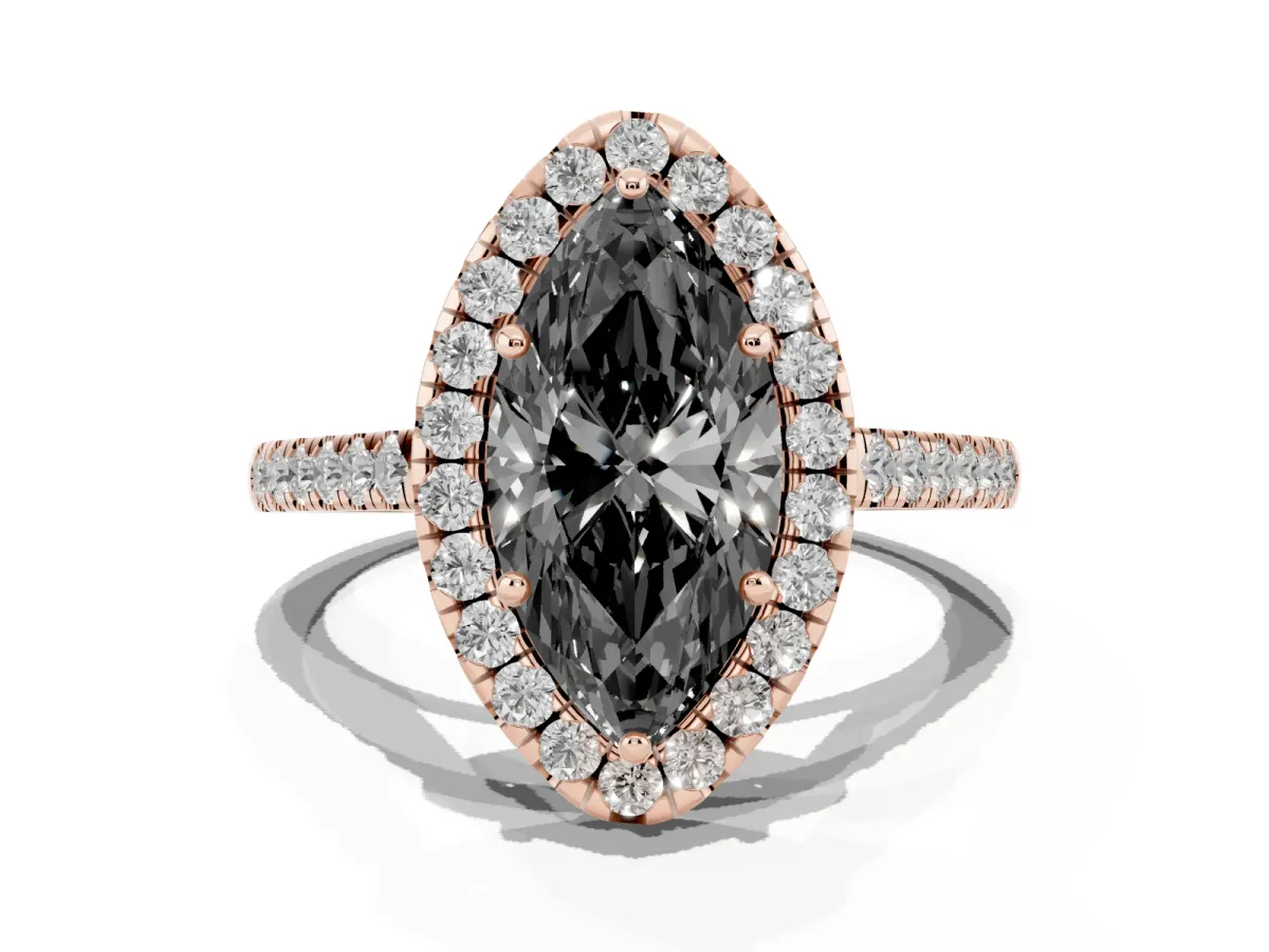 Fancy Black Marquise Cut Halo Pave Diamond Engagement Ring with Four-Prong Setting Rose gold