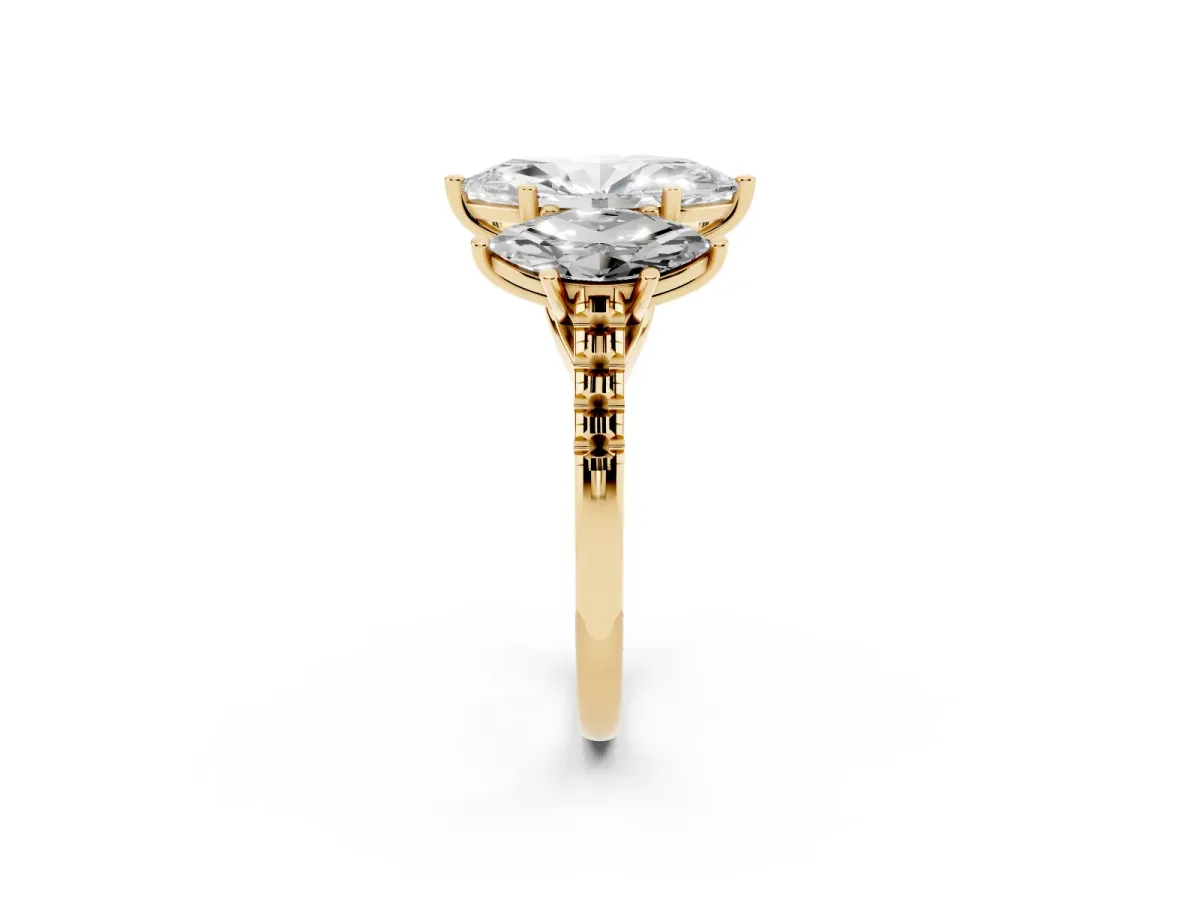 Three-Stone Marquise Cut Diamond Ring with Round Pavé Band and Prong Setting Yellow gold