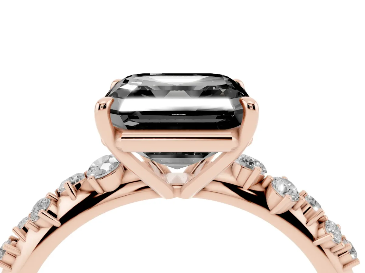 Fancy Black Asscher Cut Diamond Cluster Side Stone Solitaire Ring with Prong Setting Rose gold