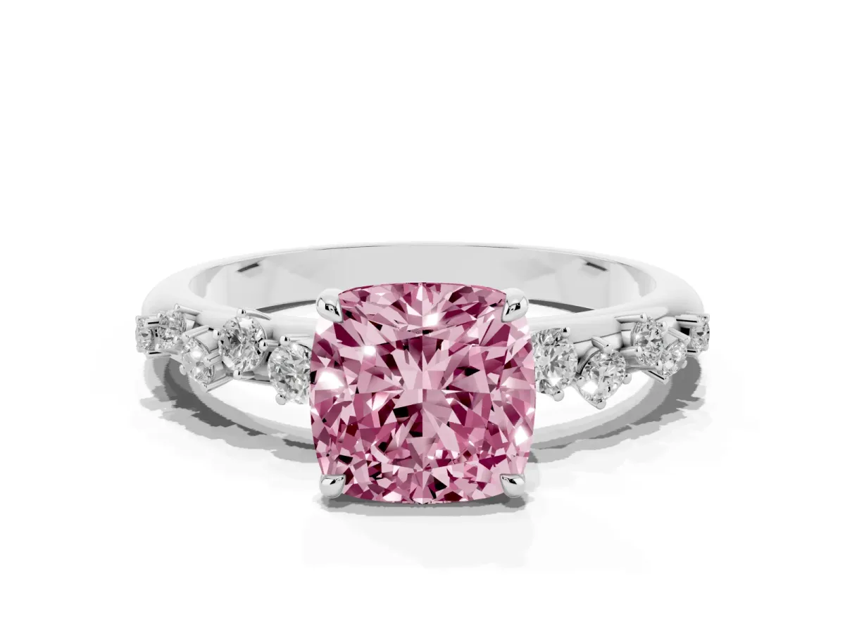 Fancy Pink Cushion Cut Diamond Cluster Prong-Set Solitaire Ring Platinum