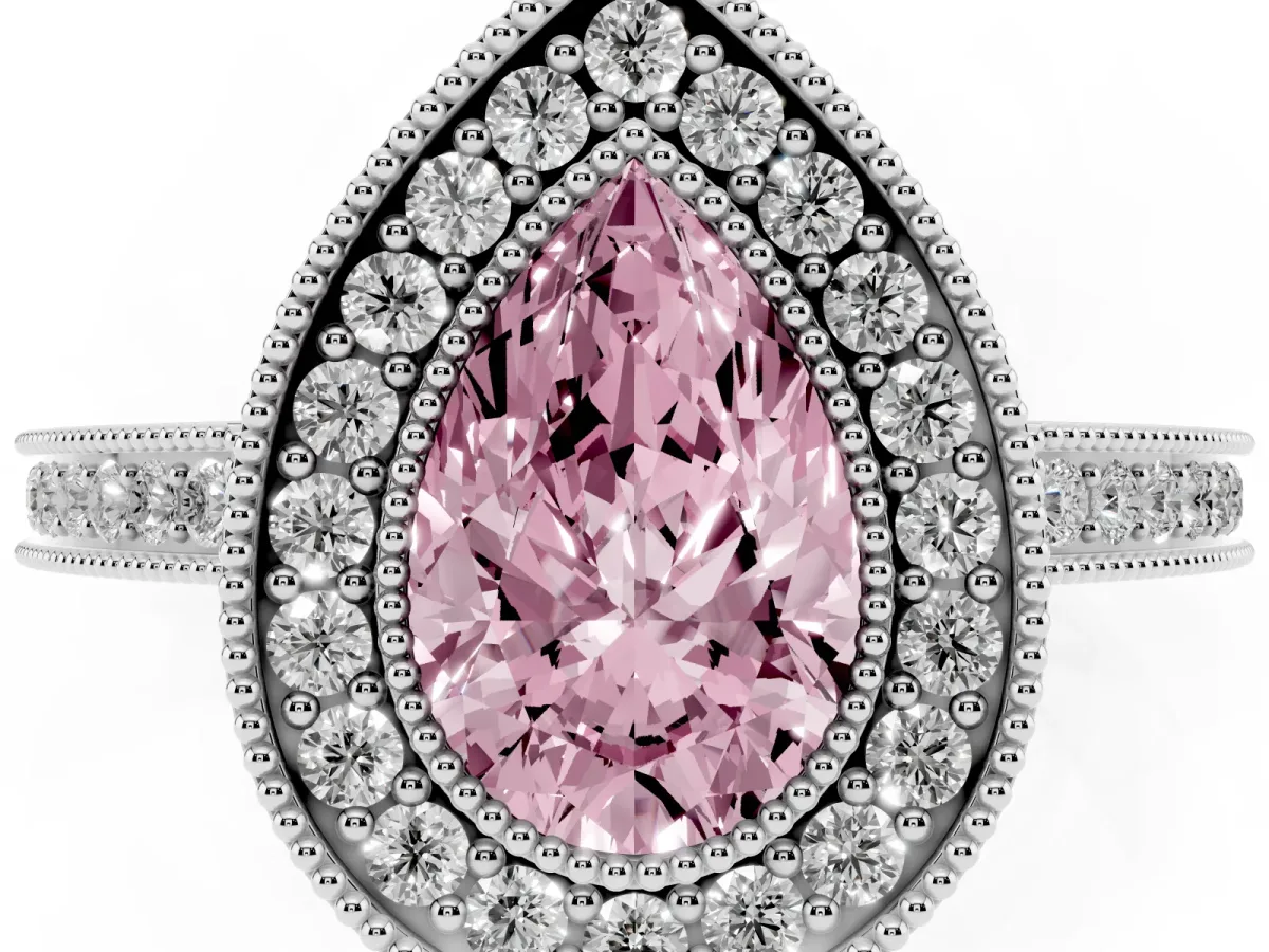 Fancy Pink Pear Cut Cut Halo Diamond Ring with Pavé Band and Milgrain Prong Setting Platinum