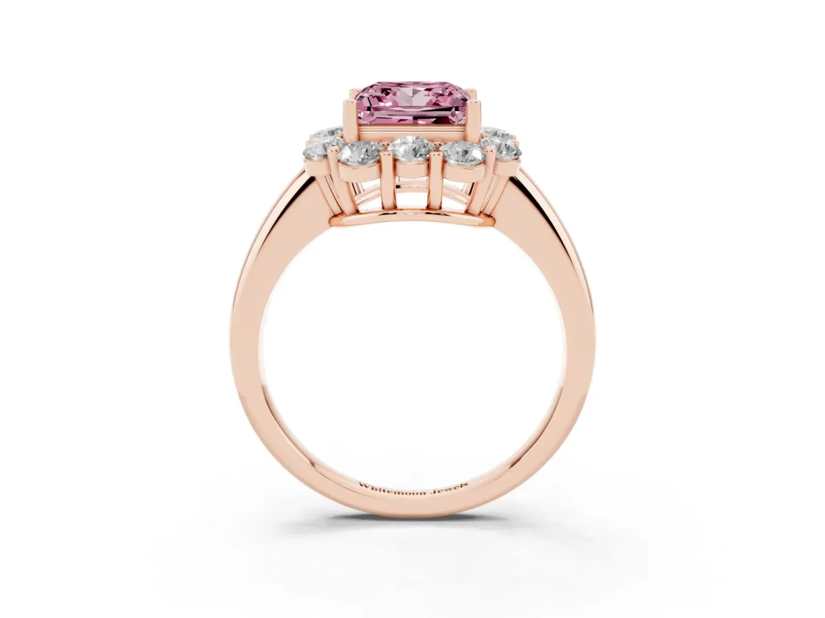 Fancy Pink Princess Cut Halo Milgrain Solitaire with Bezel Set Side Stones and Pave Band Rose gold