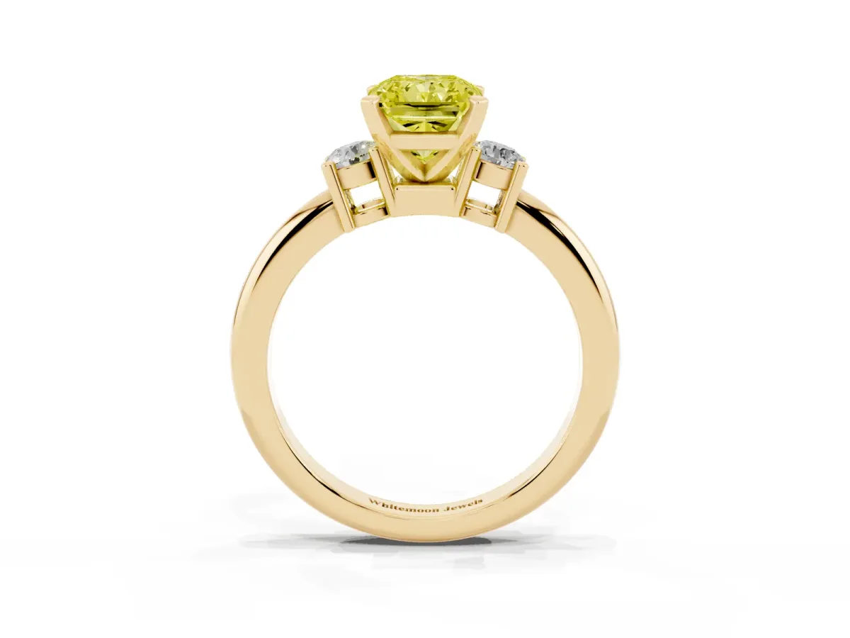 Fancy Yellow Three-Stone Radiant Cut Cut Diamond Solitaire with Prong Setting and Classic Band Yellow gold