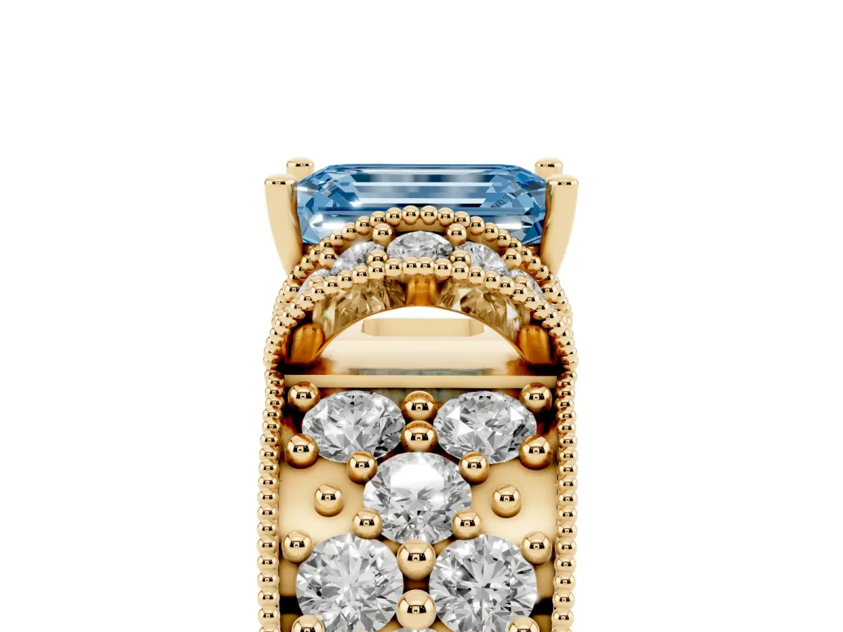 Fancy Blue Emerald Cut Halo Pave Diamond Engagement Ring with Milgrain Detailing Yellow gold