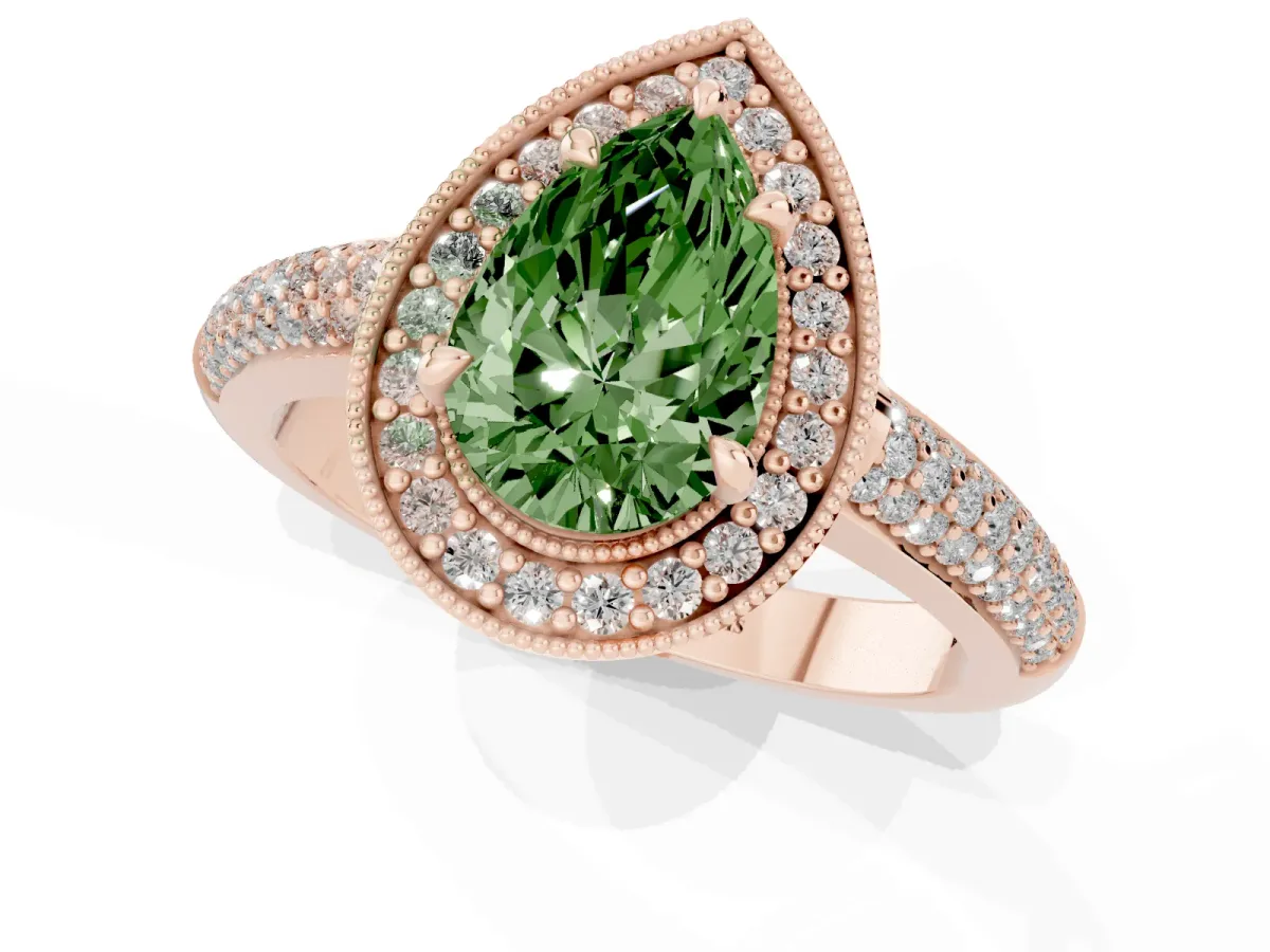 Fancy Green Pear Cut Cut Halo Diamond Pave Band with Four-Prong Setting Rose gold