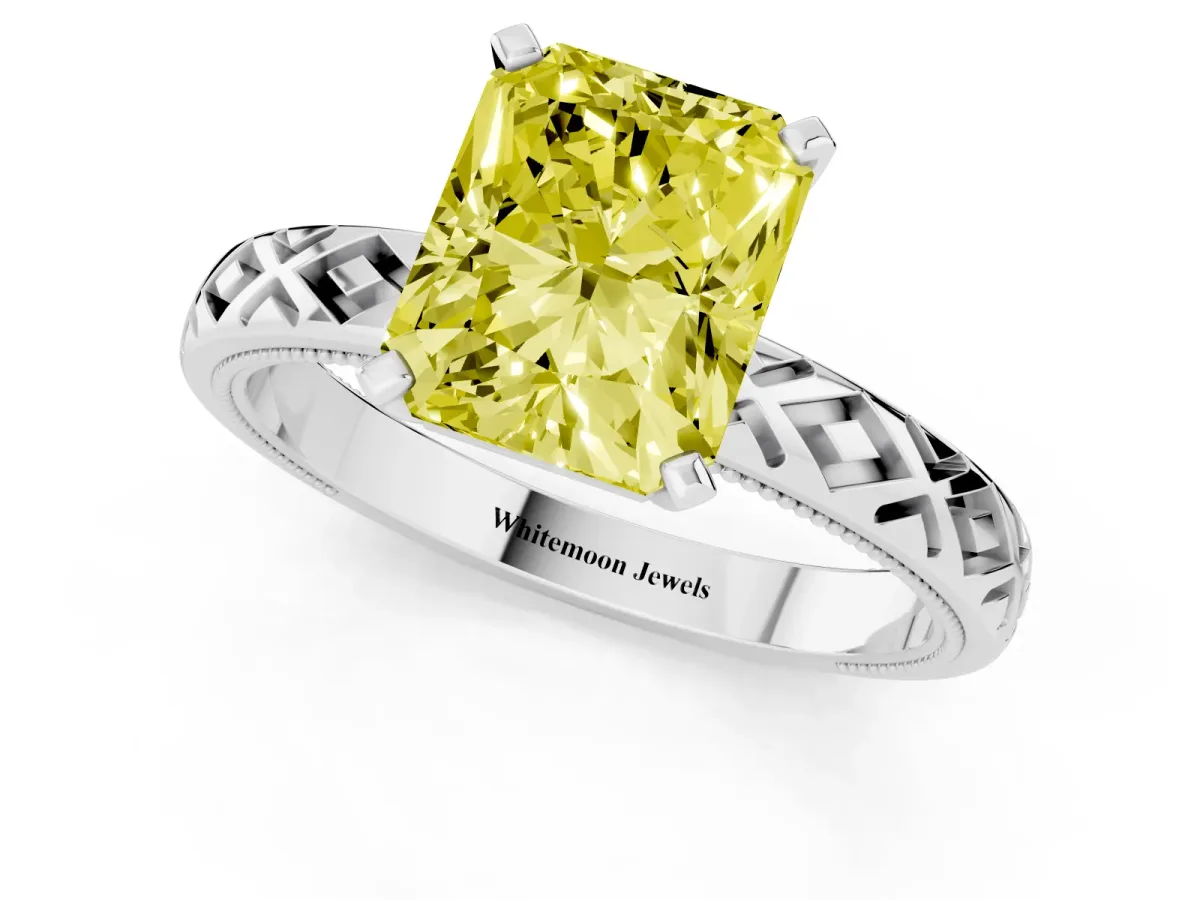 Fancy Yellow Radiant Cut Solitaire Diamond Ring with Milgrain and Black Enamel X Pattern Band White gold