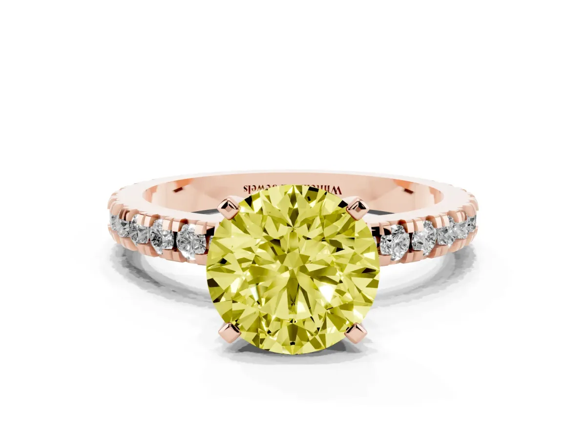 Fancy Yellow Round Cut Diamond Pavé Band Solitaire with Four-Prong Setting Rose gold