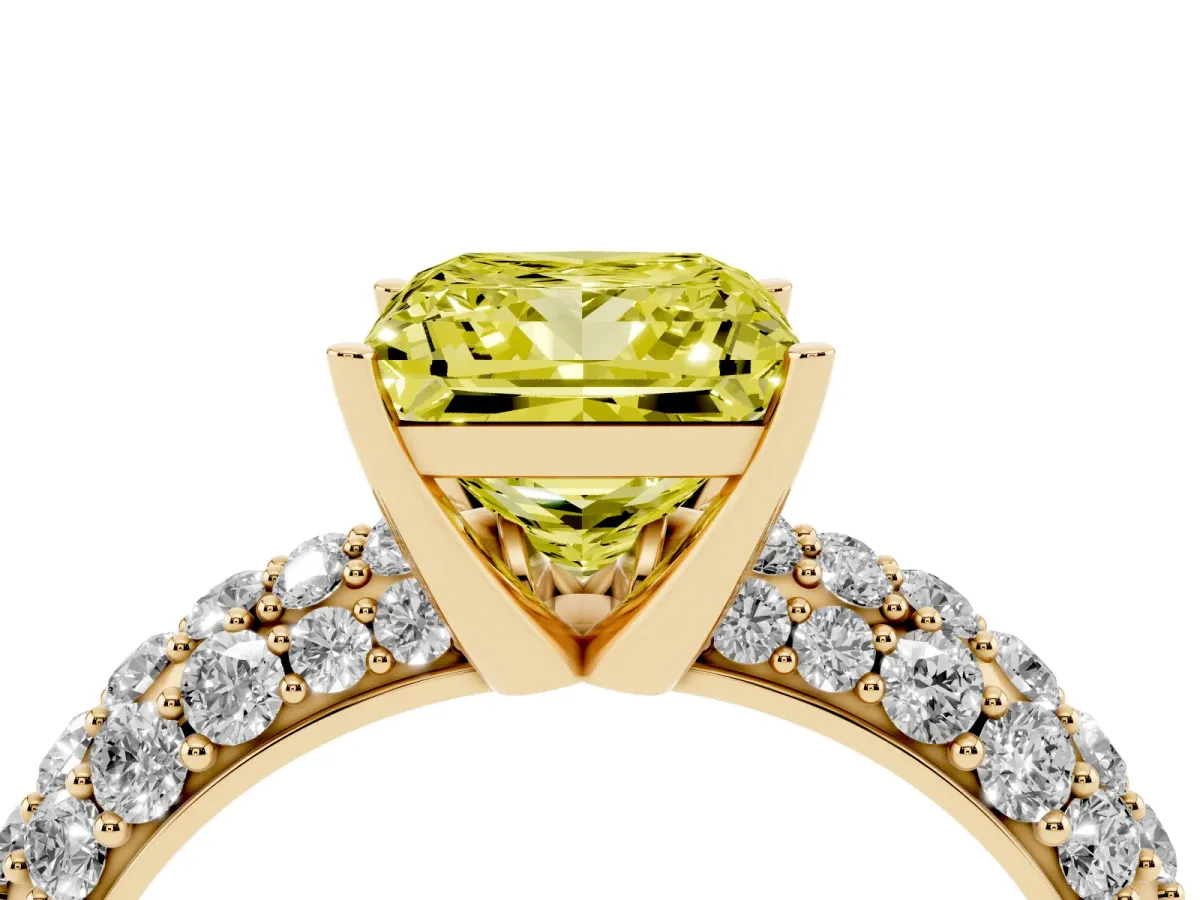 Fancy Yellow Princess Cut Diamond Pavé Band Solitaire Ring with Four-Prong Setting Yellow gold